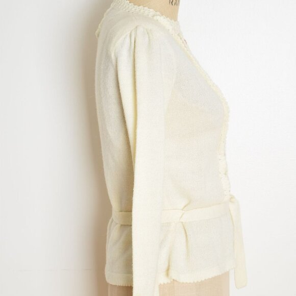 vintage 70s sweater cream pointelle rosettes belted hippie boho jumper top S - Picture 6 of 10